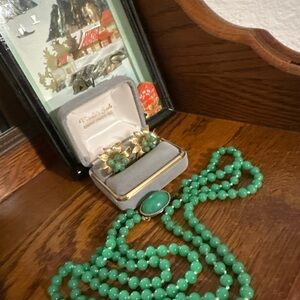 Jade Apple Green Beaded Vintage Necklace and Earrings with Gold Accents